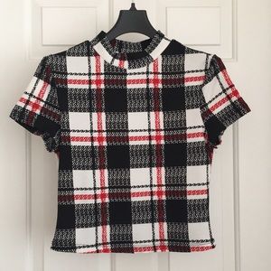 SheIn Women’s Top Size 6 Plaid White Black Red Short Sleeves